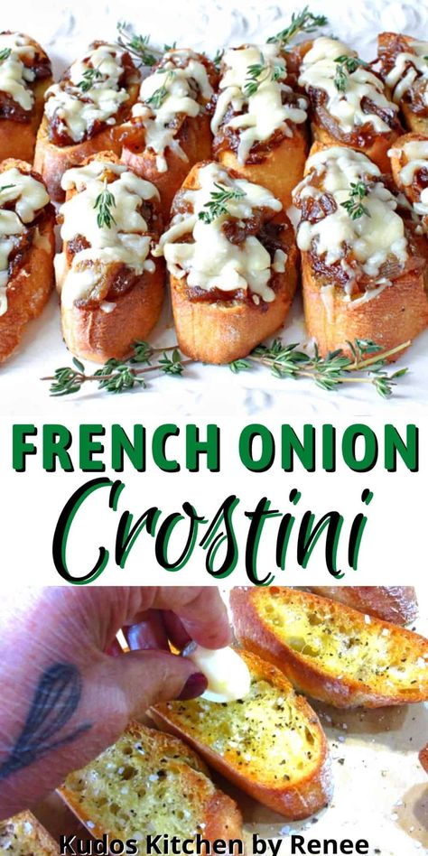 French Bread Appetizers, Onion Appetizers, French Onion Pork Chops, French Appetizers, Crostini Recipe, Toasted Crostini, Crostini Appetizers, Crostini Recipes, Soup Appetizers