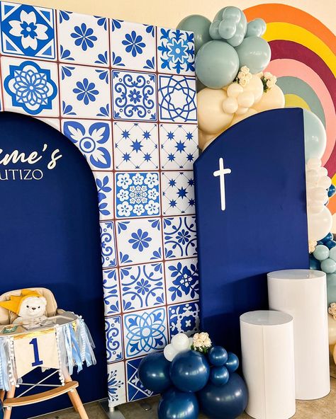 Bautizo: Talavera Edition 🔹 New Backdrop now Available! Check out this Joint Bautizo/1st Birthday setup! We love our new Talavera Backdrop & this color wave! #balloongarland #talavera #balloondecoration #bautizo #firstbirthday #eventplanner #eventstylist #balloonartist Blue And White Mexican Party, Talavera Backdrop, Mexican Bautizo Ideas, Talavera Party, Birthday Setup, Bautizo Ideas, Mexican Tile, Boy Decor, Color Wave