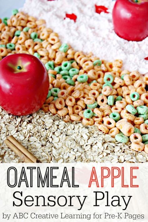 Oatmeal Apple Sensory Play for Preschool Apple Theme Sensory, Apple Sensory Bin, Apple Sensory, Apple Lesson Plans, Apple Theme Activities, Preschool Apples, Structured Play, September Lessons, Preschool Apple Theme