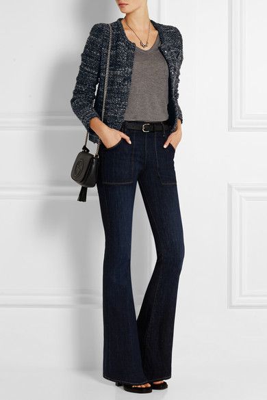 Iro - 'Carene' Boucle Jacket in Midnight Blue Blue Tweed Jacket Outfit, Jersey Jacket Outfit, Boucle Jacket Outfit, Casual Leather Jacket Outfit, Stripe Pants Outfit, Tweed Jacket Outfit, Isabel Marant Belt, Givenchy Sandals, Chanel Style Jacket