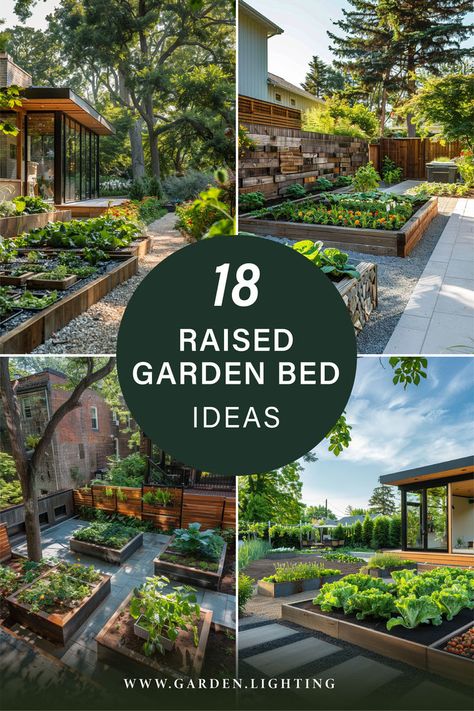 a series of photos of raised garden beds with text overlay Creative Raised Garden Beds, Unique Raised Garden Beds, Raised Garden Ideas, Beautiful Raised Garden Beds, Raised Garden Bed Ideas, Garden Bed Ideas, Upcycled Items, Raised Bed Garden Design, Raised Bed Garden