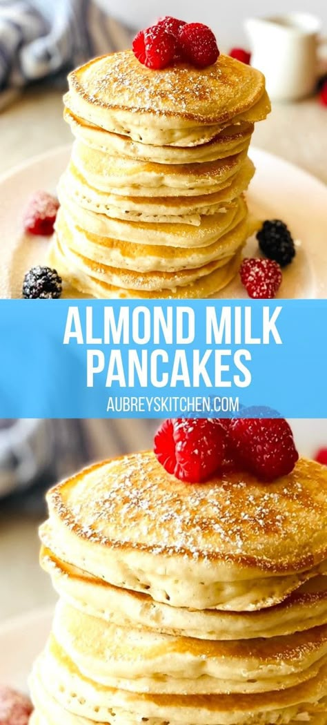 These almond milk pancakes are super soft, fluffy dairy-free and vegan! Get your morning started off right with the perfect delicious and healthy breakfast. Pancake Recipe Almond Milk, Milkless Pancakes, Lactose Free Pancakes, Almond Milk Desserts, Recipe With Almond Milk, Almond Milk Pancakes, Dairy Free Breakfast Ideas, Vegan Pancake Recipe, Oatmeal With Almond Milk