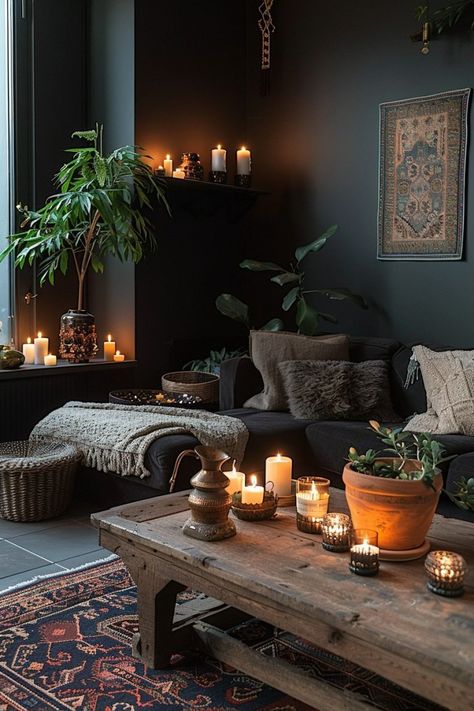 29 Dark Boho Living Room Ideas 29 Goth Living Room, Dark Maximalism, Dark Living Room Ideas, Dark Boho Living Room, Mystical Decor, Dark Palette, Moody Living Room, Boho Living Room Ideas, Earthy Living Room