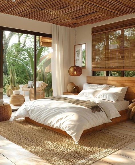 Wood Window Shades, Linen Blinds, Large Glass Sliding Doors, Traveling Luxury, Bali Bedroom, Interior Japandi, Bamboo Roman Shades, Tropical Bedroom, Glass Sliding Doors