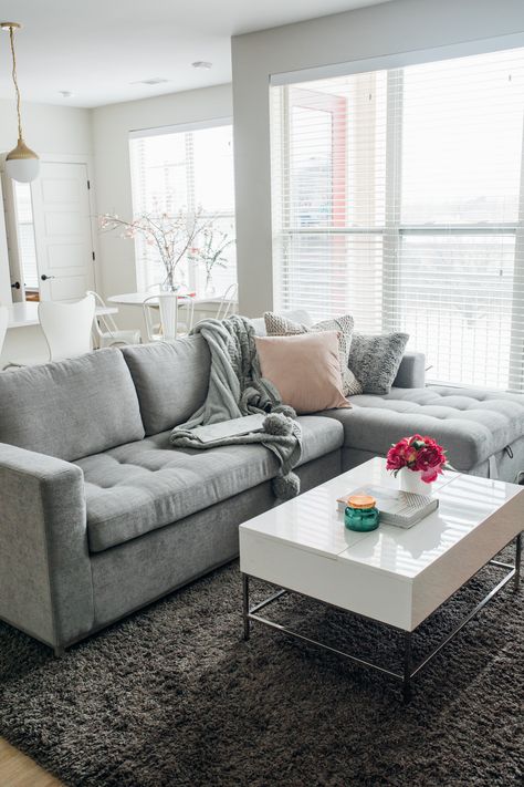 Grey Dishes, Couple Apartment Aesthetic, Gold Grey Bedroom, Kitchen Matte Black, Black Dishes, Throw Pillows Pink, Article Sofa, Couple Apartment, Pretty Storage Boxes