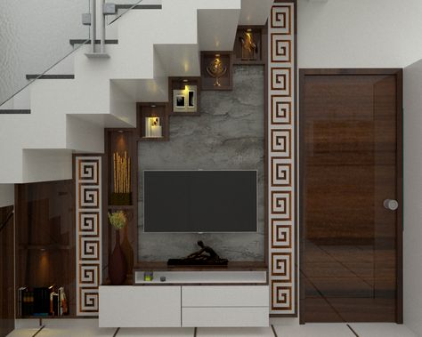 small living room interior living room decor living room TV unit under staircase Led Panel Under Stairs, Tv Unit Under Stairs Living Rooms, Led Tv Panel Design Under Stairs, Under Steps Ideas, Under Stairs Tv Unit, Stairs Tv Unit, L Stairs, Tv Self, Room With Stairs