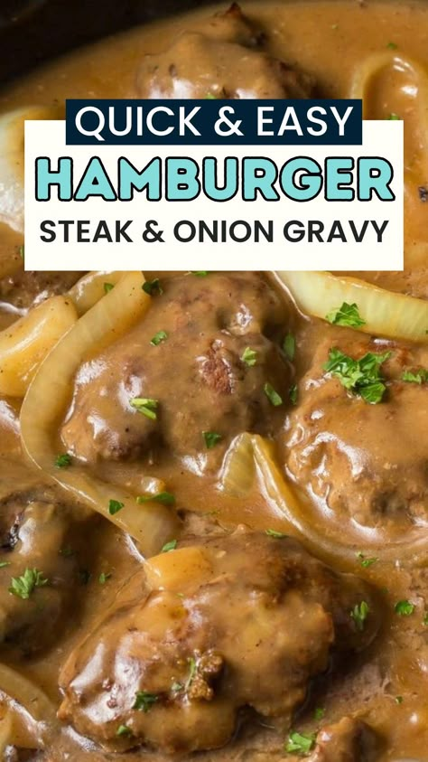 Hamburger steak with onion gravy is a delicious and simple dinner recipe that is quick enough for weekdays, smothered heaven. With a rich, savory blend of hamburger gravy and onion gravy, this recipe brings a heartwarming, comforting element to any family dinner. It's an easy meal to prepare, but with a flavor that will surely bring everyone around the table back for seconds! Easy Quick Hamburger Meat Recipes, Hamburger Steak With White Gravy, Hamburger Meat And Gravy Recipes, Recipe Hamburger Meat, Hamburger Gravy Over Noodles, Hamburger Steaks With Onion Gravy Easy, Smothered Hamburger Steak And Gravy, Onion Gravy Recipe Simple, Sheet Pan Hamburger Steak