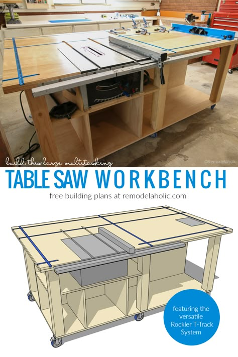 Build this combo table saw workbench and router table using the free building plans. Features the Rockler T-track System, a bench vise, and plenty of tool storage space. #remodelaholic #sponsored #rockler #woodworking #woodworkingtools Table Saw Bench, Table Saw Station, Workbench Table, Table Saw Workbench, Saw Station, Table Saw Fence, Free Building Plans, Table Saw Stand, Doors Diy