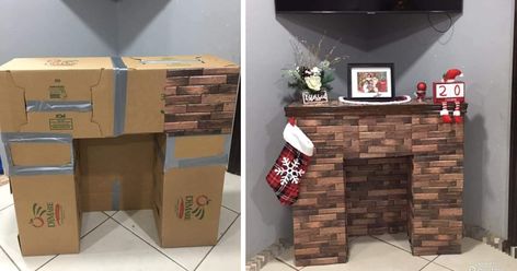 You Can Make A Fake Fireplace Out of Cardboard Boxes For The Holidays and It Looks Amazing Make A Fake Fireplace, Faux Fireplace Diy Cardboard, Fake Fireplace Diy, Fireplace Box, Diy Christmas Fireplace, Cardboard Fireplace, Fake Fireplace, Fireplace Kits, Faux Fireplace Diy