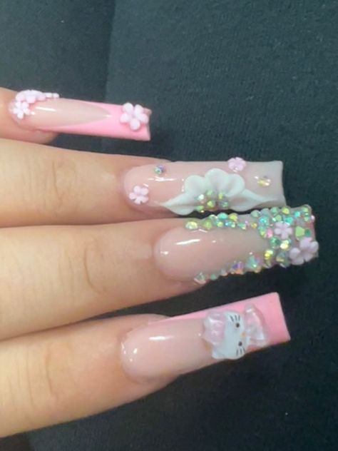 Nails Acrylic Coffin Rhinestones, Flower And Gem Nails, 3d Flower Design Nails, Hello Kitty Rhinestone Nails, Hello Kitty Nails Medium Length, Bling Hello Kitty Nails, Medium Hello Kitty Nails, Short French Tip Nails With Rhinestones, Hello Kitty Bling Nails