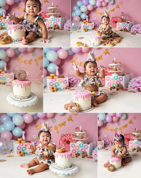 Two Sweet 2nd Birthday Photoshoot Ideas, Doughnut Smash Cake Photoshoot, Donut 1st Birthday Photoshoot, Donut One Year Old Photoshoot, Donut Theme Photoshoot, Donut Cake Smash Photography, Donut Birthday Photoshoot, Sweet One Smash Cake Photoshoot, Half Dozen Donut Photoshoot