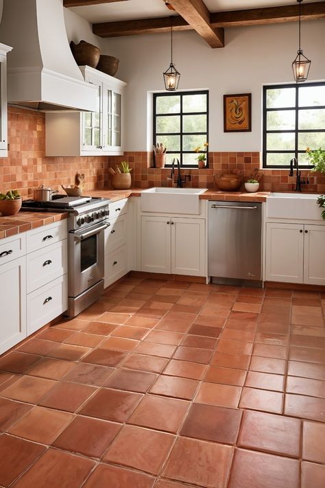 15 Inspiring Modern Hacienda Kitchen Ideas for a Stylish Upgrade - Cabin Nook Kitchen Renovation Ideas Indian, Terracotta Kitchen Tile Floor, Terracotta Flooring Kitchen, Kitchens With Terracotta Floor Tiles, Mexican Tile Floor Kitchen, Red Tile Kitchen Floor, Kitchen Tiles Wall Indian, Terracotta Tile Floor Kitchen, Rustic Kitchen Tiles