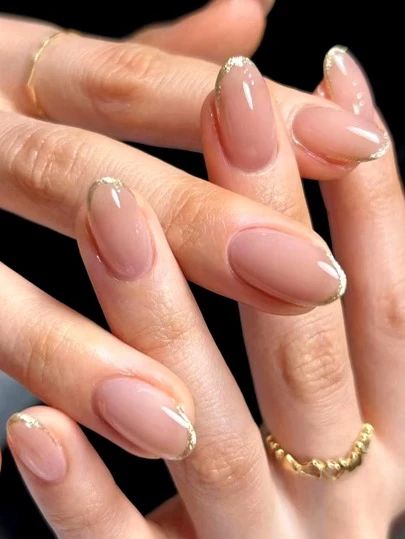 Gold And Nude Nail Designs, Rose French Tip Nails, Golden Nail Designs, Mummy Nails, Golden Nails Designs, Golden Nail Art, Almond Acrylic Nails Designs, Golden Nails, Gold Nail Designs