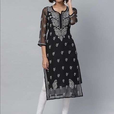 Black Chikankari Georgette Kurta Chikankari Georgette Kurta, Black Chikankari Kurti Aesthetic, Black Chikankari Kurta Aesthetic, Black Chikankari Kurta With Jeans, Black Chikankari Kurti, Black Chikankari Kurta, Black Kurti Design, Chickenkari Kurti, Net Kurti