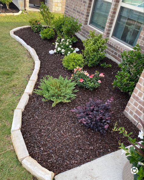 Front yard flowerbed makeover, drift roses, rubber mulch, stone edging for flowerbed, Home Depot style, flowerbed ideas Front Lawn Landscaping, Outdoor Pallet, Yard Landscaping Simple, Small Front Yard Landscaping, Front Garden Landscape, Front Yard Design, Front Yard Garden Design, Easy Landscaping, Front Landscaping