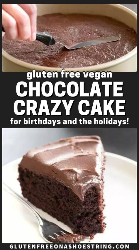 a single piece of chocolate cake with chocolate frosting on a plate Dairy Free Chocolate Cake Recipe, Chocolate Crazy Cake, Egg Free Chocolate Cake, Gf Cake Recipe, Crazy Cake Recipes, Gluten Free Food Recipes, Dairy Free Chocolate Cake, Egg Free Cakes, Vegan Birthday Cake