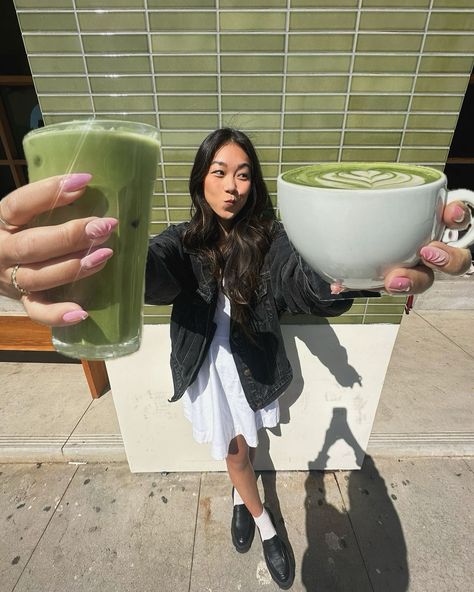 Hot or iced??? ₊✩‧₊˚౨ৎ˚₊✩‧₊ #matcha #matchalatte #matchalover #cafehopping #losangeles | Instagram Asian Lifestyle Aesthetic, Japan Photoshoot Ideas, Instagram Comment Ideas, Matcha Cafe Aesthetic, Fun Instagram Pictures, Matcha Pictures, Poses With Food, Posing With Food, Pose With Food