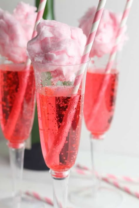 Pink Drink With Cotton Candy, Candyland Cocktails, Pink Pyjama Party, Galentines Drink Ideas Non Alcoholic, Champagne With Cotton Candy, Valentine's Cocktails, Kids Cocktails, Cotton Candy Drinks, Cotton Candy Cocktail