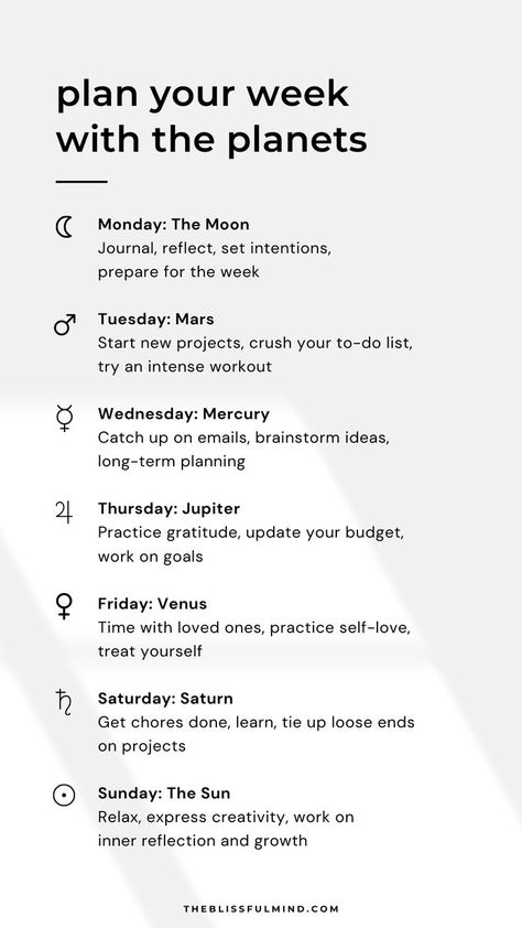 Can the planets *really* help you organize your weekly schedule? When there are a million things you have to do (and things you *want* to do), your brain can get overwhelmed from trying to figure out *when* to do those things. I love a good theme, and I feel like using this concept can help reduce decision-making. To see examples of what to do for each day, read the full blog post. Plan Your Week, Moon Journal, Spiritual Journals, Learn Astrology, Writing Therapy, Vie Motivation, Get My Life Together, The Planets, Practice Gratitude