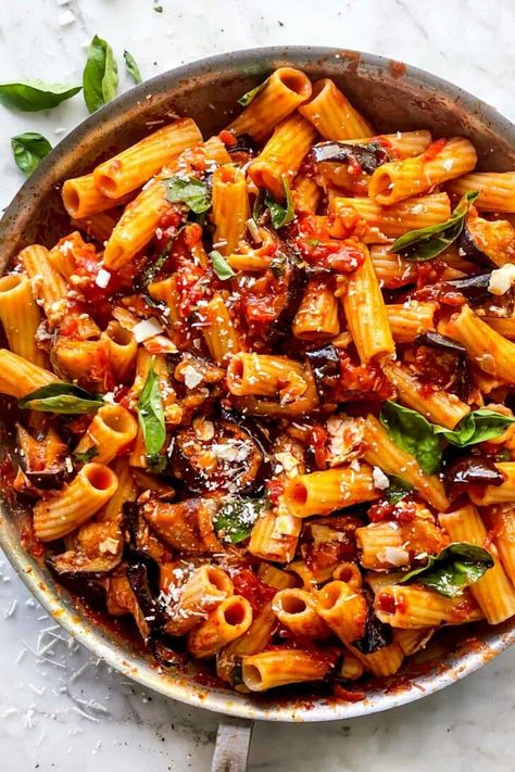 Pasta alla Norma (Eggplant Pasta) | foodiecrush.com Pasta With Aubergine Recipe, Pasta Recipes Arrabiata, Eggplant Norma Pasta, Eggplant And Tomato Pasta, Roast Aubergine Recipes, Pasta Eggplant Recipe, Alla Norma Sauce, Italian Sausage And Eggplant Recipes, Eggplant Parm Pasta