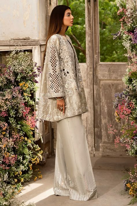 Ansab Jahangir - Eloise Sims Closet, Ansab Jahangir, White Party Outfit, Elegant Pants, Shades Of Silver, Embroidery Fashion Detail, Luxury Pret, Elegant Pant, Wedding Outfit Ideas