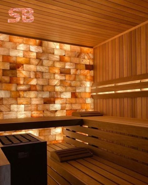 Sauna With Salt Wall, Salt Wall Sauna, Underground Spa, Wellness Spa Design, Sauna Bathroom Ideas, Himalayan Salt Wall, Salt Sauna, Spa Room Design, Himalayan Salt Cave