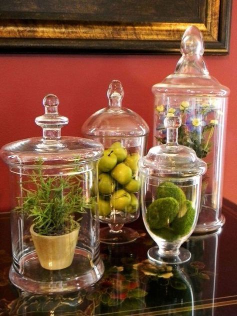 Apothecary Jars for the Living Room and Dining Room Glass Jar Decorating Ideas, Apothecary Jar Decor, Apothecary Jars Kitchen, Jar Decorating Ideas, Apothecary Jar Ideas, Apothecary Bathroom, Apothecary Jars Decor, Apothecary Jars Bathroom, Jars Decor