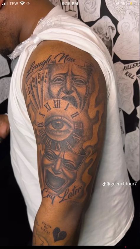 Upper Arm Tattoos For Black Guys, Meaningful Tattoos For Guys Sleeve, Dream Chaser Forearm Tattoo, Meaningful Shoulder Tattoo Men, Best Sleeve Tattoos Men Black, Half Sleeve Tattoos For Men Upper Arm Black, Quarter Sleeve Tattoos For Men Upper Arm, Rare Tattoos Men Shoulder, Upper Sleeve Tattoos For Guys