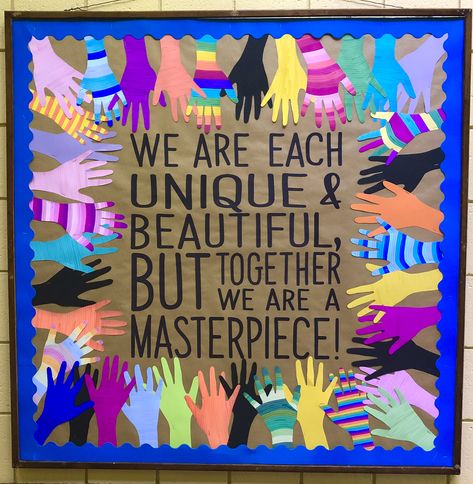 Together We Are A Masterpiece, Love Bulletin Board, Unique Bulletin Board Ideas, Art Bulletin Boards, Work Bulletin Boards, Classe D'art, Harmony Day, Library Bulletin Boards, School Displays