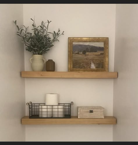 Bathroom Decor Ideas Shelves, Toilet Room Floating Shelves, Wooden Shelf Above Toilet, 2 Shelves Above Toilet, Wooden Shelves Above Toilet, Bathroom Ideas Shelves Above Toilet, Top Flush Toilet Decor, Floating Shelves Decor Bathroom, Guest Bath Shelf Decor