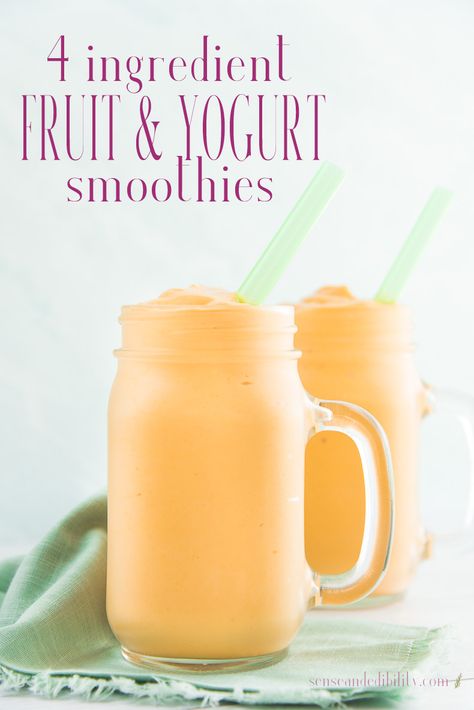 4 Ingredient Fruit and Yogurt Smoothie is fully customizable to suit your favorite fruits and yogurt. Blend this up for breakfast, an afternoon shake, or a sweet evening treat. #fruitsmoothie #yogurtsmoothie #breakfastsmoothie #smoothie Greek Yogurt Smoothie Recipes, Fruit Yogurt Smoothies, Fitness Ebook, Greek Yogurt Smoothie, Fruit And Yogurt, Almond Milk Yogurt, Smoothie Recipes With Yogurt, Smoothie Easy, Yogurt Smoothie