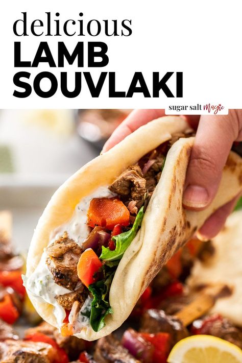 Lamb Kebab Recipes Greek, Souvlaki Lamb Recipe, Lamb Pita Tzatziki, Greek Tacos Lamb, Greek Lamb Pitas, Lamb Souvlaki Wraps, Greek Salad With Lamb, Lamb Wraps Tzatziki Sauce, Lamb Slouvaki