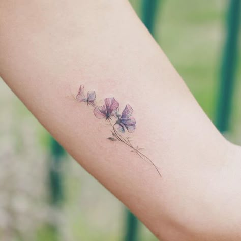 Tattoo Sweet Pea, Sweet Pea Flowers Tattoo, Sweetpea Flower Tattoo, Pea Flower Tattoo, Sweet Pea Flower Tattoo, Pea Tattoo, Flower Tattoo Meaning, Floral Watercolor Tattoo, Sweet Pea Tattoo