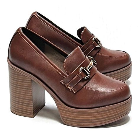 Brown High Heel Loafers, Brown Loafers Platform, Brown Loafer Heels, High Heel Loafers Outfit, Platform Loafers Outfit, Chunky Heeled Loafers, Gray Ballet Flats, Leather Flats Women, Comfy Heels