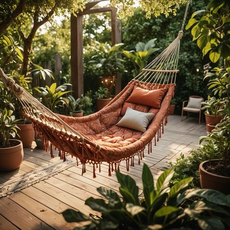 Discover the secret to effortless relaxation with this interior design tip: Transform your backyard into a relaxing retreat by adding a hammock! ❂ ❂ ❂ ➸ Opt for a neutral-colored hammock to seamlessly blend with your decor, or add a pop of color for a playful twist. ➸ Choose a sturdy spot between two trees or use a hammock stand for easy setup. ❂ ❂ ❂ ✨Follow me for daily doses of design inspiration & tips✨ . . . . . Inspiration generated using AI technology. . #modernboho #modernbohooasis... Hammock Outside, Hammock On Deck, Forest Hammock, Neutral Backyard, Hammock Ideas Backyard, Backyard Hammock Ideas, Porch Hammock, Hammock Aesthetic, Wood Hammock