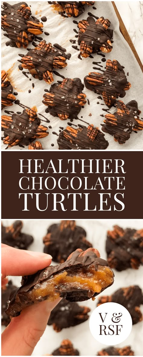 Chocolate Turtles Recipe, Chia Pudding Chocolate, Peanut Butter Chocolate Muffins, Healthy Candy Recipes, Turtle Dessert, Turtles Recipe, Turtle Recipe, Chocolate Protein Pancakes, Healthy Dark Chocolate