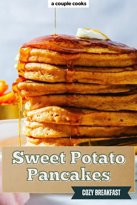 These sweet potato pancakes are so fluffy, moist and flavorful, they've moved to the top of our favorites list! The ultimate way to transform leftover sweet potatoes into a satisfying breakfast. #sweetpotatopancakes #sweetpotato #sweetpotatorecipe #pancakes #pancakerecipe #breakfast #breakfastidea Sweet Potato Pancakes Vegan, Sweet Potato Pancakes Recipe, Maple Sweet Potatoes, Sweet Potato Pancakes, Sweet Potato Breakfast, Cooking Sweet Potatoes, Potato Puree, Vegan Sweet Potato, Pancake Recipes