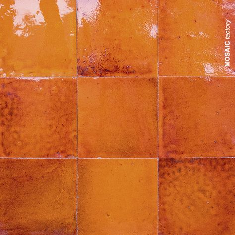 Fiery orange ZELLIGE tiles from MOSAIC FACTORY. The tiles are size 10x10 and the burnt orange colour is our colour code 1080. Price is £98 per M2. Visit our website to see all available shapes, sizes and colours of the zellige collection! #mosaicfactory #orangetiles #backsplashtiles #rustictiles #handmadetiles #moroccantiles #tiletrends #zelij #zellij #mosaicdelsur Burnt Orange Texture, Burnt Orange Tile, Burnt Orange Tiles Kitchen, Orange Tiles Texture, Orange Bathroom Tiles, Orange Backsplash Kitchen, Orange Tile, Orange Tile Kitchen, Orange Tile Floor