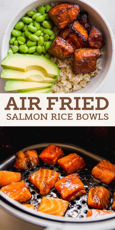 Teriyaki Salmon Bites, Bowls Ideas, Salmon Rice, Salmon Bites, Dinner Recipes For Family, Salmon And Rice, Teriyaki Salmon, Air Fryer Dinner Recipes, Health Dinner