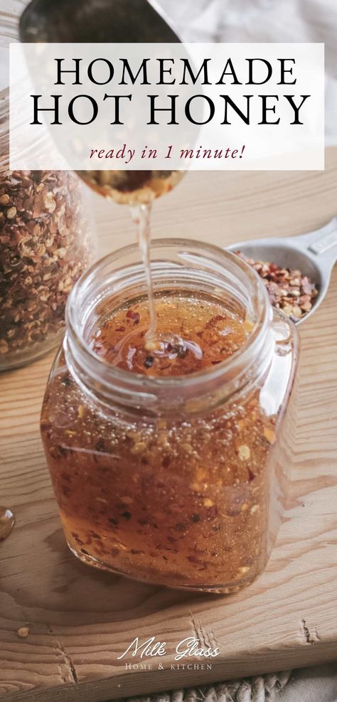 Spicy hot honey has become one of the most popular condiments over the past couple of years, but save your cash and make it at home! You still get the sweet, tangy, fiery flavor without having to leave the comfort of your home. Plus, this spiced honey recipe is ready in about 1 minute! How To Infuse Honey, Spicy Honey Recipe, Diy Hot Honey, Flavored Honey Recipes, Fire Honey Recipe, Hot Honey Ideas, Creamed Honey How To Make, How To Make Hot Honey, Fire Honey