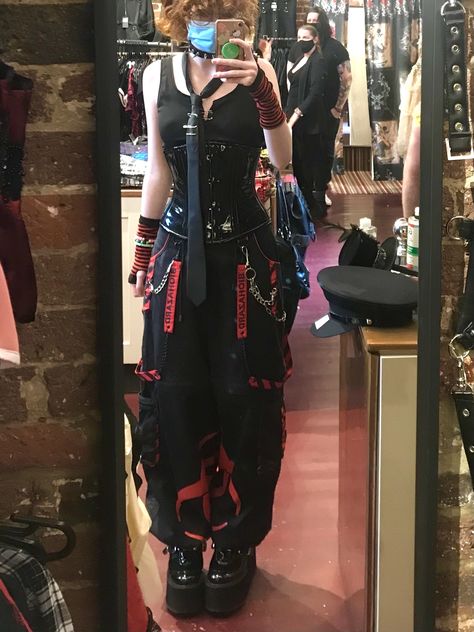 Corset Punk Outfit, Corset Emo Outfit, Tripp Pants Red, Tripp Pants Aesthetic, Extreme Goth Outfits, Tripp Pants Outfit Aesthetic, Punk Red Outfit, Alternative Tie Outfit, Emo Red Outfit