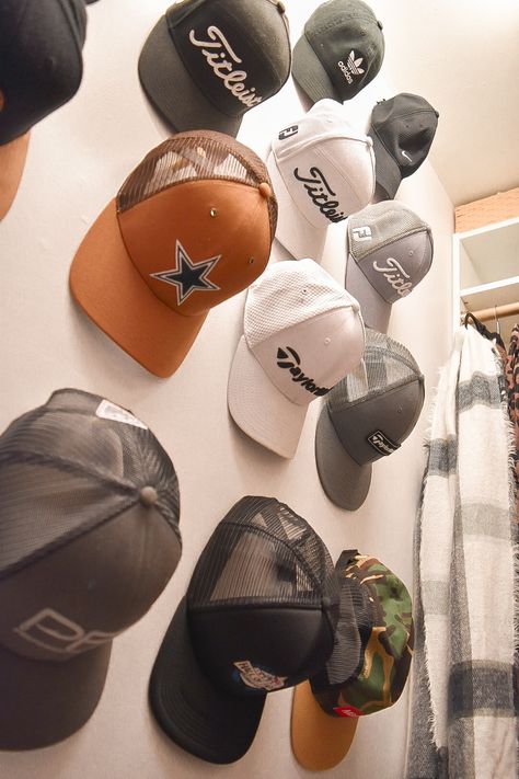 Jersey Storage Ideas, Hat Hanging Ideas Baseball Caps, Baseball Cap Hanging Ideas, Boys Hat Display, Mens Hat Storage Ideas, Hat Wall Display Men, Hat Storage Ideas Diy, Hat Hanging Ideas, Baseball Hat Display