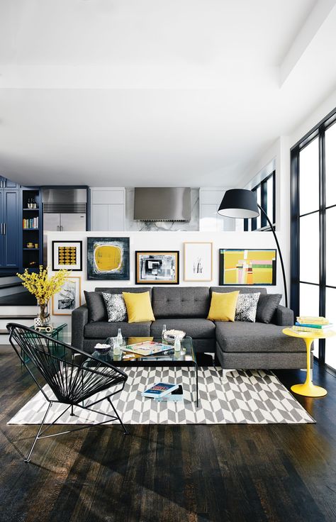 Like the whole style but would use emerald instead of yellow. Like floor, rug, lamp and furniture Grey And Yellow Living Room, Yellow Living Room, New Living Room, Living Room Grey, A Living Room, Small Living Room, Home Fashion, Room Colors, Living Room Inspiration