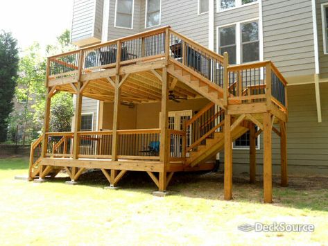 Take a look at this nice double deck in Vinings! Why have just one deck when you can have two? Double Deck Ideas, Pictures Of Decks, Small Mansion, Deck Rails, Deck Shade, Outdoor Living Space Design, Deck Pictures, Patio Deck Designs, Landscaping Retaining Walls