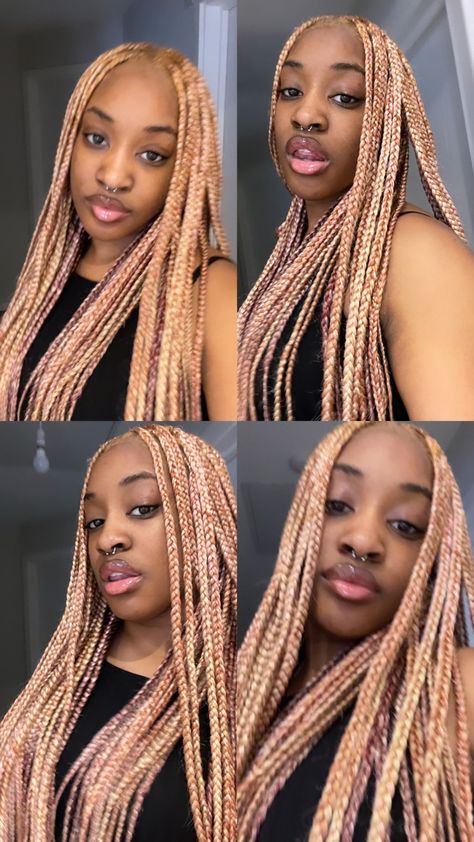 Knotless Hair Color Ideas, Auburn And Blonde Knotless Braids, Blonde Pink Knotless Braids, Color Braids For Brown Skin, Pink And Blonde Mixed Braids, Dyed Hair Braids Hairstyles, Unique Braid Colours For Black Women, Box Braid Colour Ideas, Multi Coloured Braids