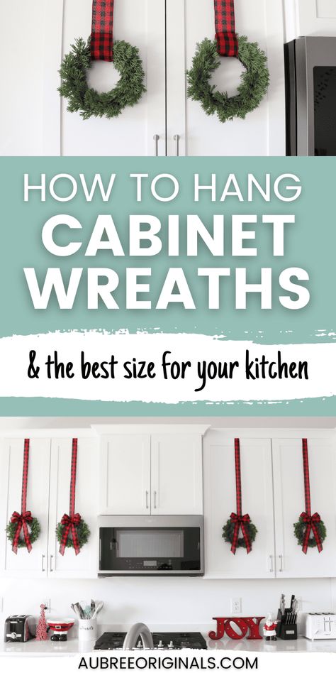 how to hang cabinet wreaths for Christmas Pinterest pin image Christmas Wreath In Kitchen, How To Put Bows On Kitchen Cabinets, How To Hang Cabinet Wreaths, Kitchen Cabinet Door Wreaths, How To Decorate Above Your Kitchen Cabinets For Christmas, Little Wreaths On Cabinets, Christmas Bows On Cupboards, Wresths On Cabinets, Hanging Christmas Wreaths On Kitchen Cabinets