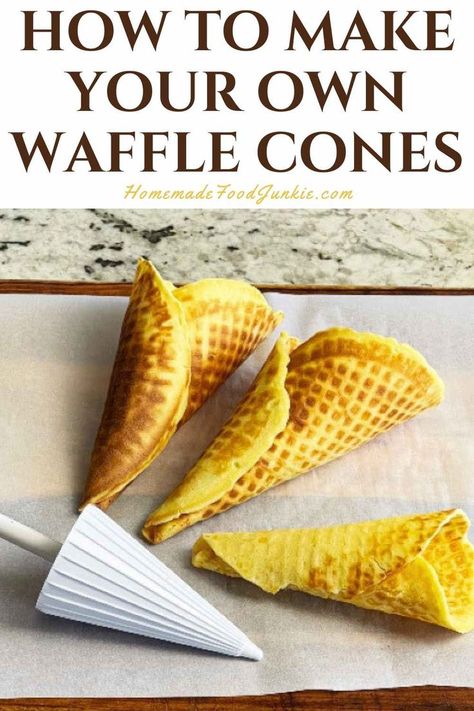 How to make your own waffle cones-pin image Waffle Cone Recipe Without Maker, Ice Cream Cones Recipe, Matcha Waffles, Smoothie Supplements, Waffle Ideas, Homemade Waffle, Waffle Cone Maker, Waffle Cone Recipe, Best Homemade Ice Cream