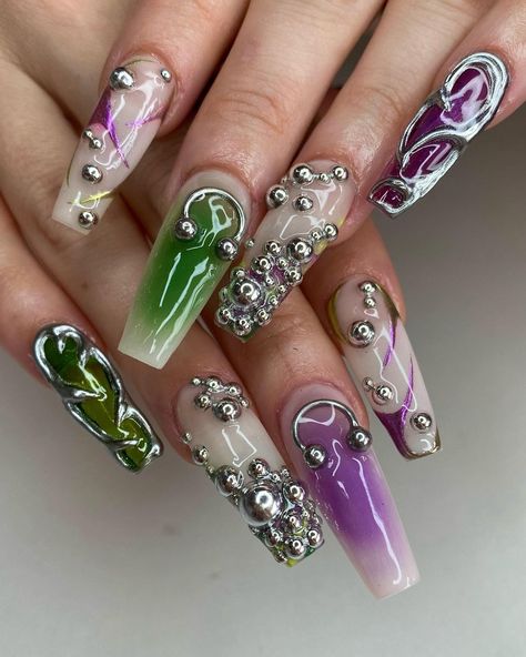 🪩🐊🔗🔮 Green x Purple freestyle for Lesly ⭐️ Using Cashmere @thegelbottlefrance, Deep Lavender & Rosy Grass @victoriavynn GelX tips… | Instagram Aqua And Purple Nails, Dark Green And Purple Nails, Purple And Green Nails Acrylic, Lavender And Green Nails, Green And Purple Nail Designs, Purple And Green Nails Design, Purple Chrome Nails Design, Green Purple Nails, Purple Green Nails