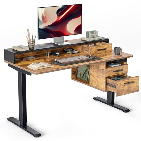 PRICES MAY VARY. Whole-Piece Workspace: Our whole-piece stand up desk top reduces the hassle of the cleaning process, which also provides a broad space for working and writing! 3 Pull-out Drawers: FEZIBO Standing Desk feature a unique, practical design. Three wooden pull-out drawers provide a larger storage space for multiple items! Memory Height and Anti-Collisionollision Technology: Standing adjustable height desk has 3 programmable memory height buttons. If the electrical desk encounters obst Sit To Stand Desk Office, Desk With Monitor Shelf, Rising Desk, Standing Desk Adjustable, Desk Adjustable Height, Desk With Monitor, Monitor Shelf, Best Standing Desk, Electric Desk