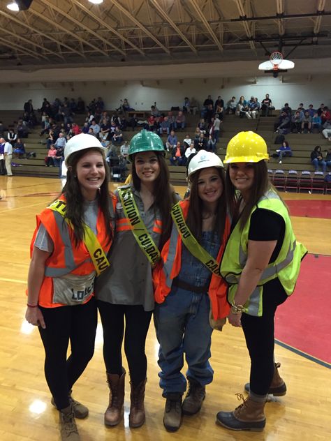 Construction worker student section theme! Construction Theme School, Neon Student Section, Student Section Ideas, Student Section Themes, Pep Rally Themes, Football Season Outfits, Student Section, Hockey Outfits, Construction Outfit